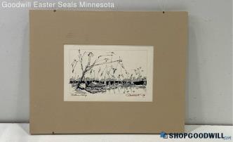 "Waters Edge" 1978 Non-Glass Framed & Matted Ink Drawing Etching Artist Signed