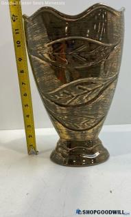 Savoy 13" Tall Scallop Edge Gold-Tone w/Leaves Leaf Design Vase Home Decor