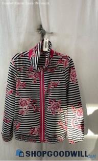 Chico's Women's Black/White/Pink Floral Striped Windbreaker Jacket - Sz 12