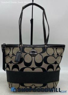 Coach Signature Stripe Black Beige Tote Shoulder Bag ' Womens Canvas