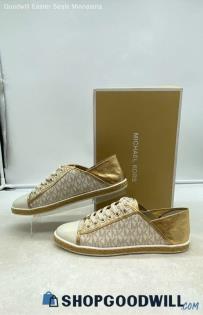 Michael Kors Women's Kristy Slide Logo Gold/Ivory Synthetic Sneakers Sz 8