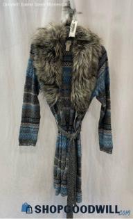 Chico's Women's Gray/Blue Striped Faux Fur Trim Belted Cardigan - Sz M