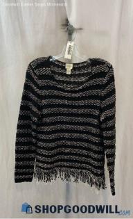 Chico's Women's Black/White Striped Fringe Trim Sweater - Sz M