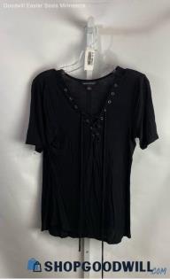 Rock & Republic Women's Black Jersey Lace Up V-Neck Shirt - Sz M