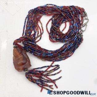 Carved Natural Stone Buddha Pendant Seed Bead Necklace