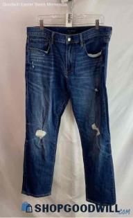 Lucky Brand Men's Dark Blue Washed Distressed Knee Straight Jeans - Sz 34x32