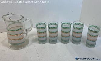 Unlabeled Striped Glass Water Pitcher And 5 Drinking Glasses