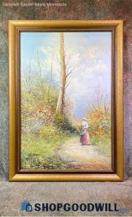 Dickens Signed Original Woman & Spring Forest Flowers Nature Painting Framed PUO