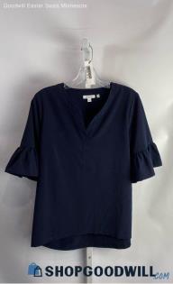 Chico's Women's Midnight Navy Cropped Flare Sleeve Satin Blouse - Sz 6