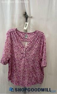 Chico's Women's Pink/White Paisley V Neck 1/2 Button Henley Top - Sz XL