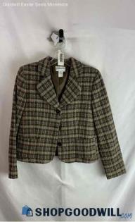 Pendleton Women's Beige/Brown Wool/Silk Blend Cropped Button Up Blazer - Sz 10