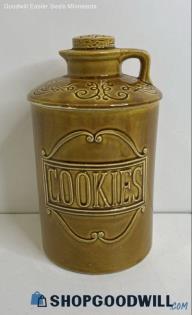 Vintage Enesco Ceramic Brown Yellow Covered Jug Shaped Cookie Jar