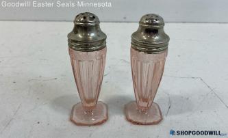 Pair of Unlabeled Pink Glass Salt & Pepper Shakers Each 1.5" X 1.5" X 4" H