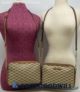 Lot of 2 Michael Kors Monogram Jet Set Beige Tan Crossbody Coated Canvas Leather