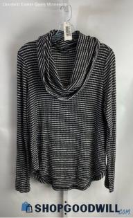 Lucky Brand Women's Black/White Stripe Ribbed Cowl Neck Lightweight Sweater Sz M