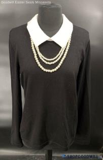 Karl Lagerfeld Women's Black LS sweater w/Faux Pearl Necklace - Sz M