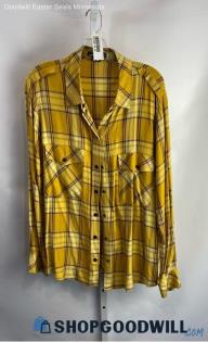 Sanctuary Women's Yellow/Burgundy Plaid Lightweight Flannel Shirt - Sz L