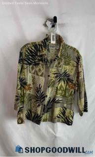 Chico's Women's Beige/Green Leaf Patterned Silk/Linen Blend Button Up - Sz M