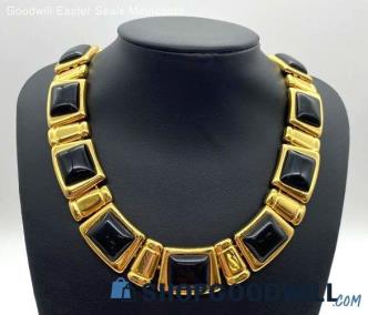 Vintage Gold-Tone and Black Enamel Panel Link Statement Necklace