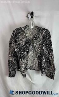 Chico's Women's Black/White Floral Crochet Loose Fit Clasp Close Cardigan - Sz M