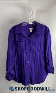 Chico's Women's Purple Pleated Slim Long Sleeve Button Up - Sz L