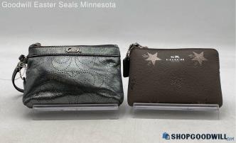 Lot of 2 Coach Signature Star Metallic Silver/Gray Leather Wallets/Wristlets