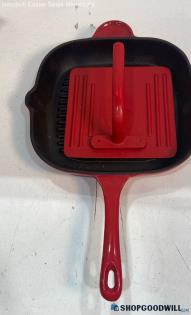 Crofton Red Enameled Griddle Pan Skillet W/ Burger Press