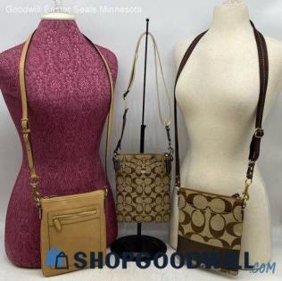 Lot of 3 Coach Signature Tan Brown Crossbody Womens Leather Coated Canvas