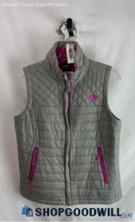 The North Face Women's Light Gray/Magenta Full Zip Quilted Logo Vest - Sz M