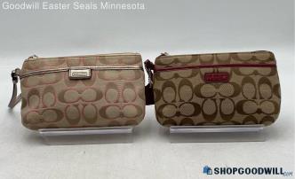 Lot Of 2 Coach Signature Khaki/Pink/Maroon Canvas/Lurex Wallets/Wristlets