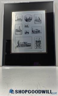 Ron Mitchell Signed Matted & Framed Metal Etching 'Vintage Trains' Print 7/50