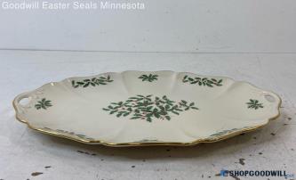 Lenox Holiday Cream Gold Rim Holly Berries Theme Serving Platter w/Handles