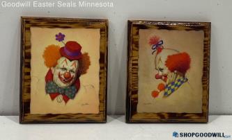 Pair John Boden Vintage Clown Portrait Prints on Lacquered Wood Plaques