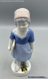 Vintage Gerold School Girl Porcelain Figurine Wearing Blue Dress Pink Head Wrap