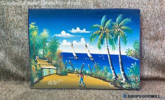 RBdo Signed Original "Sto Dgo Rd" Dominican Republic Tropical Sea Painting Frame