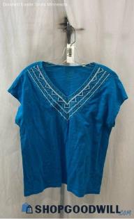 Chico's Women's Blue V Neck Embroidered T-Shirt - Sz M