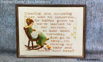 "Babies Don't Keep" Sunset Stitchery Mother Child Family Crewel Framed Art Decor