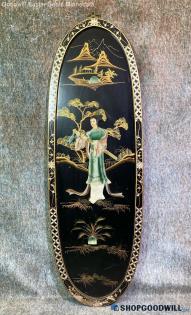 12"x35" Lady Lake Nature Asian Chinese Lacquer Carved Stone Panel Framed Decor