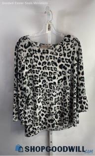 Chico's Women's Gray/Black Leopard Boat Neck Long Sleeve Top - Sz XL