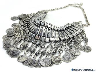 Silver-Tone Dangly Coin Bib Statement Necklace