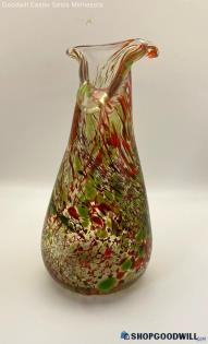 Red/Green/Clear Glass Vase Approx 6.5" Tall Appears Handmade Swung-Style