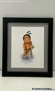 2019 Original Tou Signed Matted & Framed Watercolor Painting Native Boy Fishing