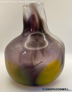 Purple/Yellow Squat Glass Vase Approx 6" Tall Appears Handblown