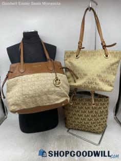 Lot of 3 Michael Kors Khaki/Brown Tote/Shoulder Bag Womens Canvas Handbag/Purse