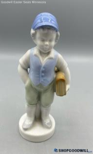 VTG Gerold Porzellan School Boy Carrying Books Figurine Blue Vest Beige Kakeis