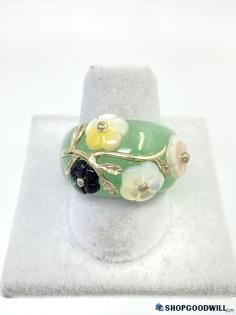 .925 Jade + Mother of Pearl Flower Ring Signed Size 7