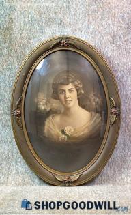 Lady White Rose Bubble Convex Glass Vtg Woman Crayon Portrait Photograph Framed