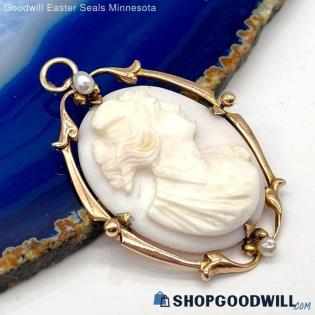 10K Gold Vintage Carved Shell Cameo Brooch 5.05g