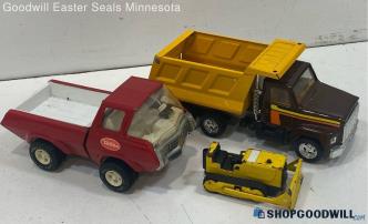 3 VTG Steel Trucks Tonka Red 9" Pick-Up/4.5" Dozer & Ertl 10.5" Dump Truck