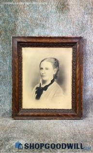 "Martha Knutson" Alleged Antique Late 1800s Woman Crayon Portrait Drawing Framed